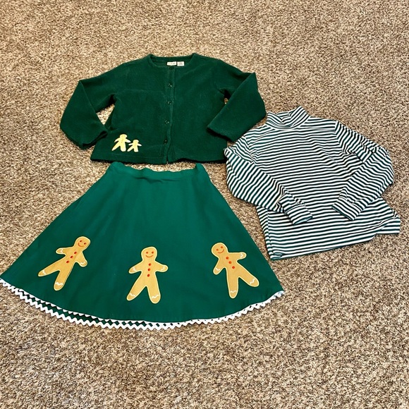 L.L. Bean Other - LL Bean Kids Vintage Gingerbread Appliqué Green Skirt Fleece Cardigan Tneck 14